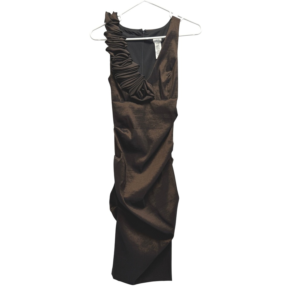 Y2K Cache Dress Vintage Ruched Ruffle Shoulder 4‎ Bronze Women